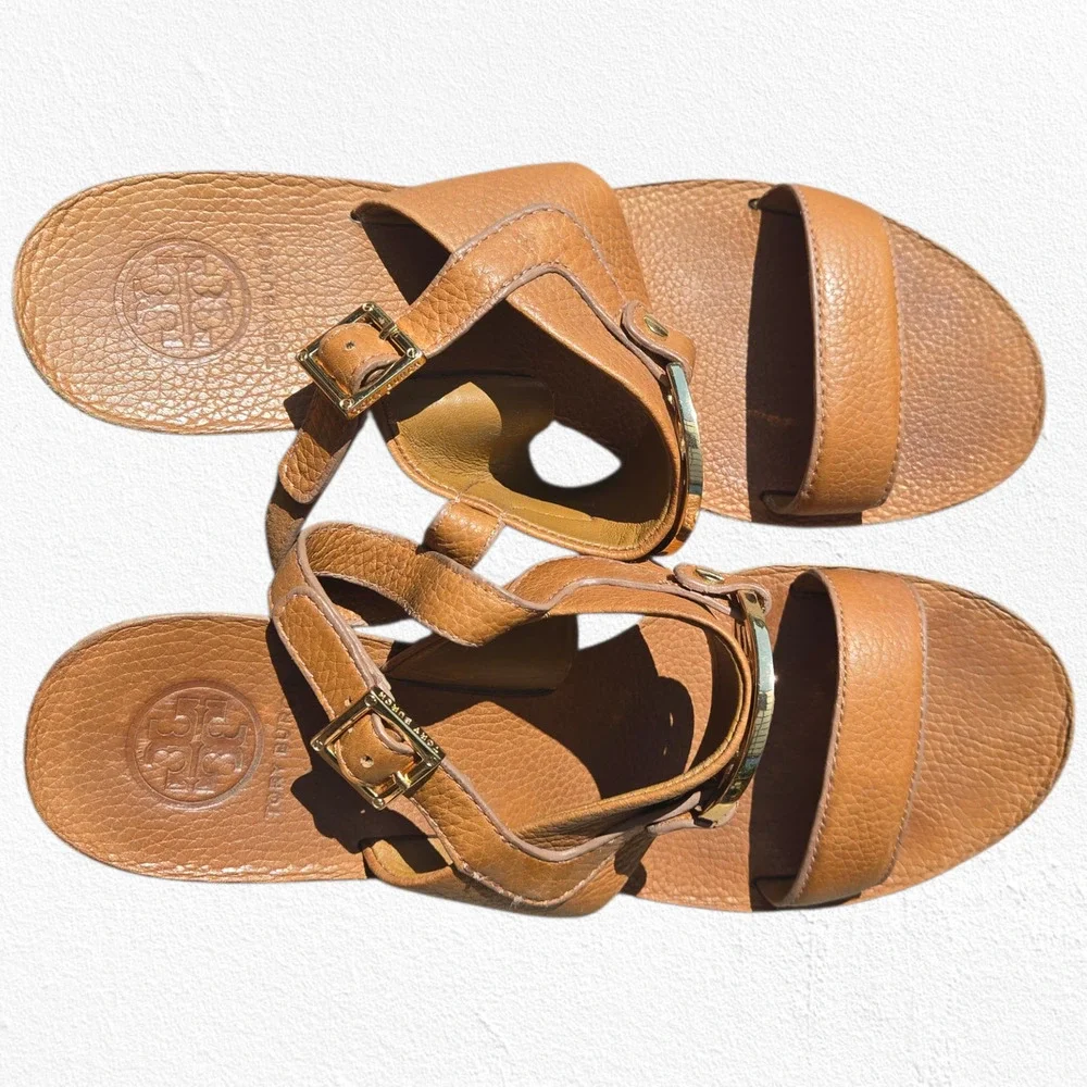 Tory Burch Tan Leather Miller Wedge Sandals Logo Slingback Heels Size 10.5M